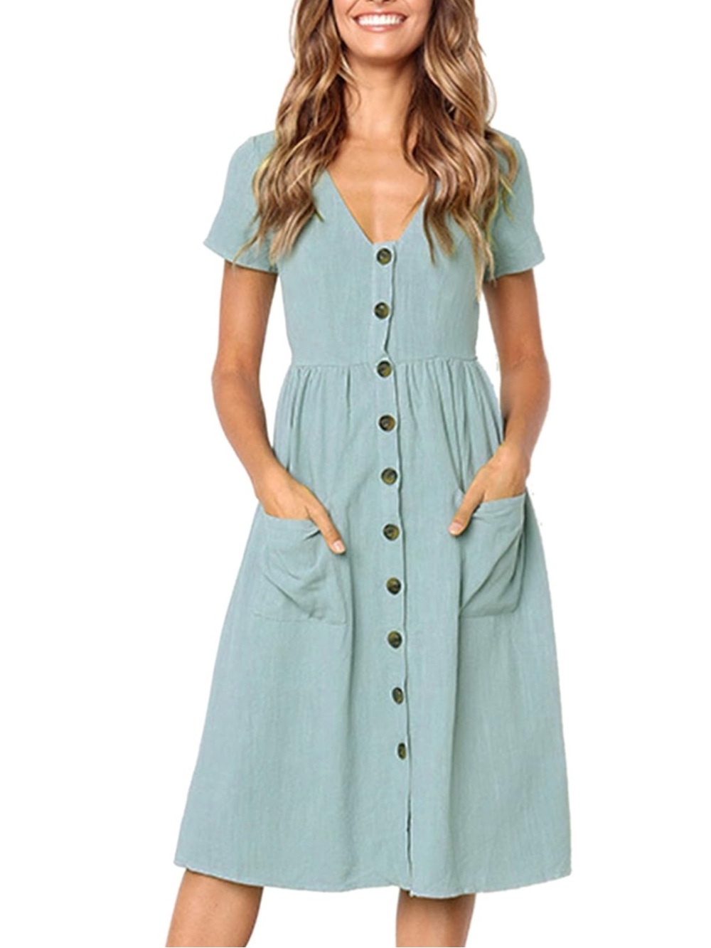 Casual Button-Front Blue/Green Midi Dress
